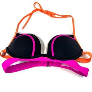 Y2K Victorias Secret 34B Hottie Halter Bikini Top Pushup Black Pink 84X #1244